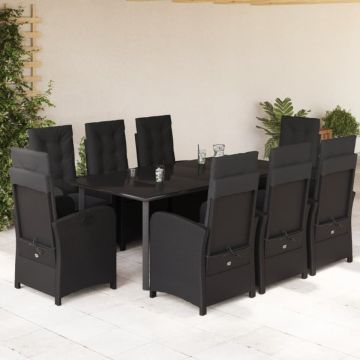 Set mobilier de grădină cu perne, 9 piese, negru, poliratan
