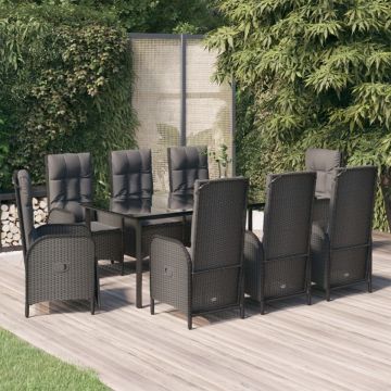 Set mobilier de grădină cu perne, 9 piese, negru, poliratan