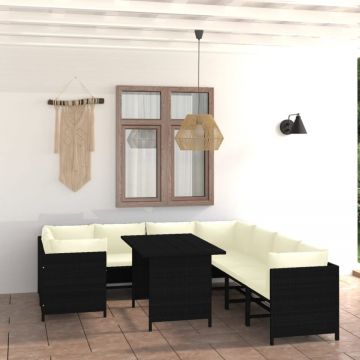 Set mobilier de grădină cu perne, 9 piese, negru, poliratan