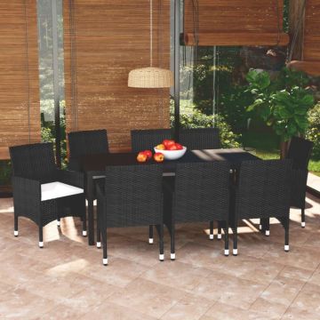 Set mobilier de grădină cu perne, 9 piese, negru, poliratan