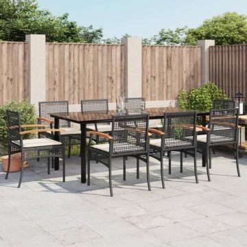 Set mobilier de grădină cu perne, 9 piese, negru, poliratan