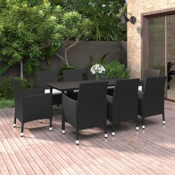 Set mobilier de grădină cu perne, 9 piese, poliratan și sticlă