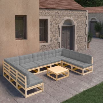 Set mobilier grădină cu perne, 10 piese, lemn masiv de pin