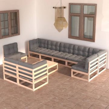 Set mobilier grădină cu perne, 10 piese, lemn masiv de pin