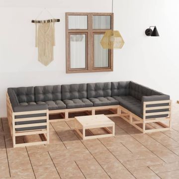 Set mobilier grădină cu perne, 10 piese, lemn masiv de pin