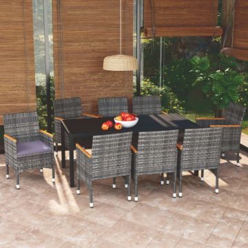 Set mobilier grădină cu perne, 9 piese, gri, poliratan