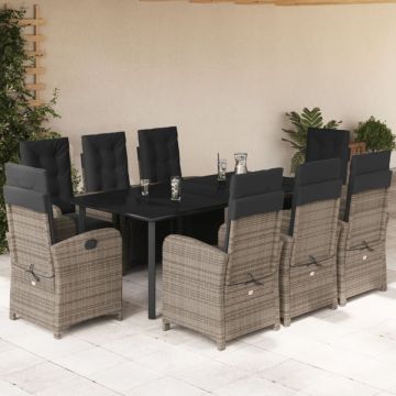 Set mobilier grădină cu perne, 9 piese, gri, poliratan