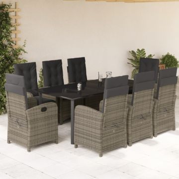 Set mobilier grădină cu perne, 9 piese, gri, poliratan