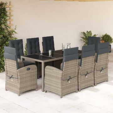 Set mobilier grădină cu perne, 9 piese, gri, poliratan