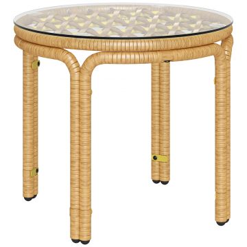 Outsunny Măsuță de Grădină din Ratan și Sticlă Stil Boho Ø50x44 cm Galben | Aosom Romania
