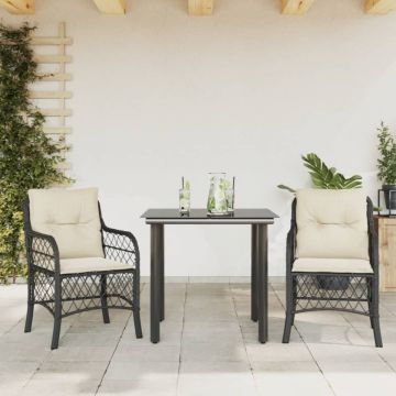 Set bistro cu perne, 3 piese, negru, poliratan