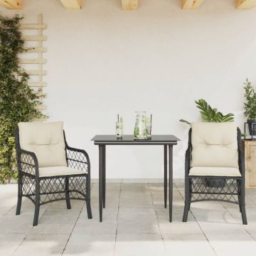 Set bistro cu perne, 3 piese, negru, poliratan