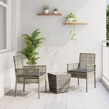 Set Bistro de Grădină în 3 Piese cu Perne Gri din Poliratan