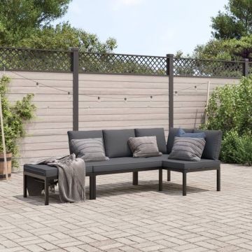 Set canapea de grădină, 3 piese, cu perne, negru, aluminiu