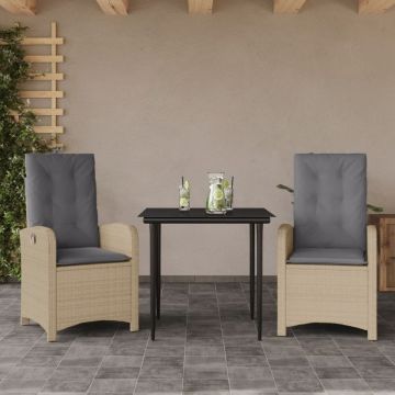 Set de masă pentru grădină, 3 piese, cu perne, bej, poliratan