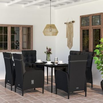 Set de masă pentru grădină, 7 piese, cu perne, negru