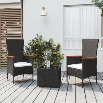 Set șezlonguri grădină, 3 piese, negru, poliratan&oțel