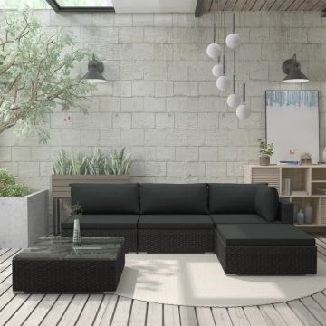 Set mobilier de grădină cu perne, 5 piese, negru, poliratan