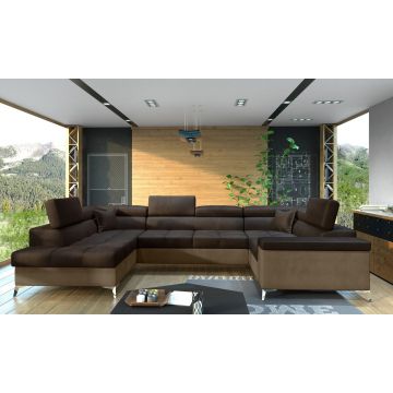 Coltar extensibil stanga 6 locuri ELTAP, Th-36, Thiago, 342x208x88 cm, lemn/poliester, maro inchis/maro deschis
