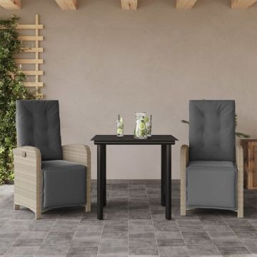 Set bistro cu perne, 3 piese, gri deschis, poliratan