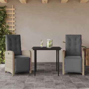 Set bistro cu perne, 3 piese, gri deschis, poliratan