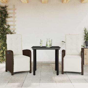 Set bistro cu perne, 3 piese, maro, poliratan