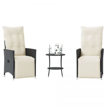 Set bistro cu perne, 3 piese, negru, poliratan