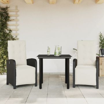 Set bistro cu perne, 3 piese, negru, poliratan