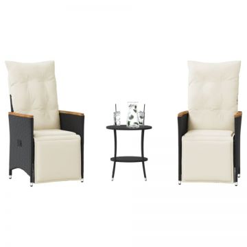 Set bistro cu perne, 3 piese, negru, poliratan