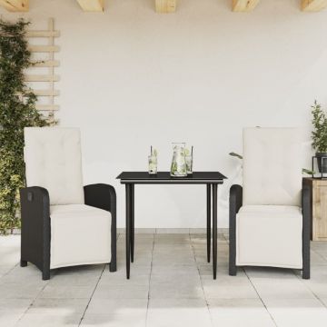 Set bistro cu perne, 3 piese, negru, poliratan