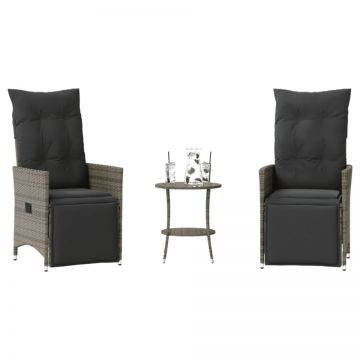 Set bistro de grădină cu perne, 3 piese, gri, poliratan