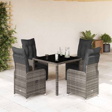 Set bistro de grădină cu perne, 5 piese, gri, poliratan