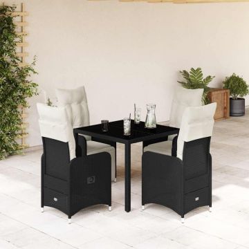 Set bistro de grădină cu perne, 5 piese, negru, poliratan