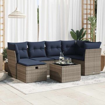 Set canapele de grădină, 7 piese, cu perne, gri, poliratan