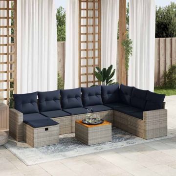 Set canapele de grădină, 9 piese, cu perne, gri, poliratan