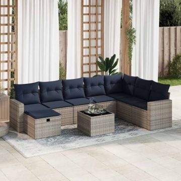 Set canapele de grădină, 9 piese, cu perne, gri, poliratan