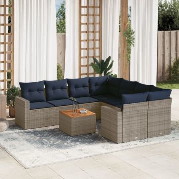 Set canapele de grădină, 9 piese, cu perne, gri, poliratan