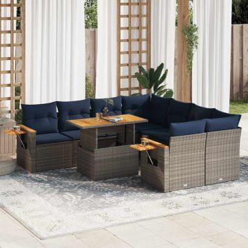 Set canapele de grădină, 9 piese, cu perne, gri, poliratan