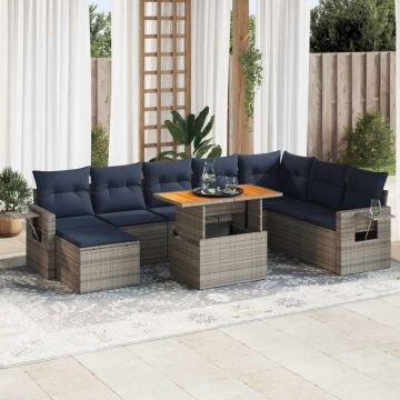 Set canapele de grădină, 9 piese, cu perne, gri, poliratan