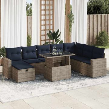 Set canapele de grădină cu perne, 9 piese, maro, poliratan