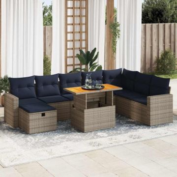 Set canapele grădină cu perne 9 piese gri poliratan/lemn acacia