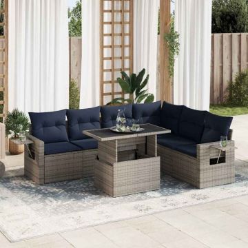Set canapele grădină perne 7 piese negru, poliratan/lemn acacia
