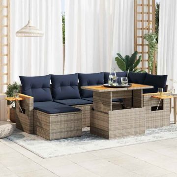 Set canapele grădină perne 7 piese negru, poliratan/lemn acacia
