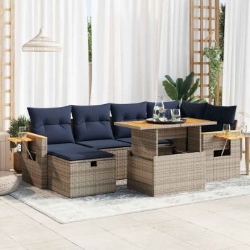 Set canapele grădină perne 7 piese negru, poliratan/lemn acacia