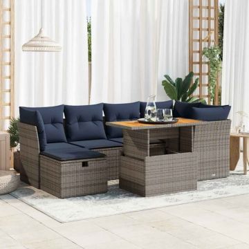 Set canapele grădină perne 7 piese negru, poliratan/lemn acacia