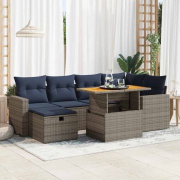 Set canapele grădină perne 7 piese negru, poliratan/lemn acacia