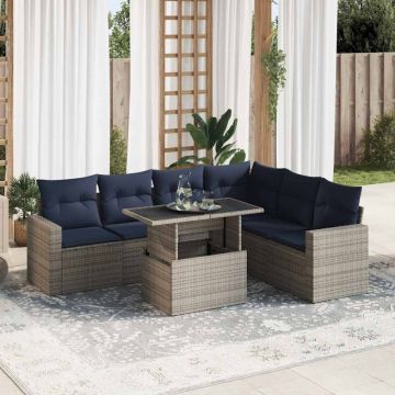 Set canapele grădină perne 7 piese negru, poliratan/lemn acacia