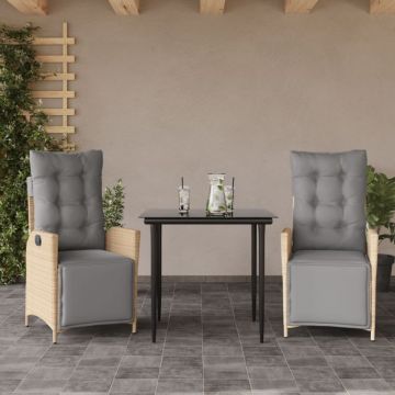Set de masă pentru grădină, 3 piese, cu perne, bej, poliratan