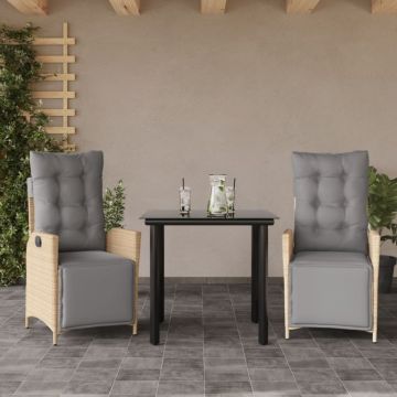 Set de masă pentru grădină, 3 piese, cu perne, bej, poliratan