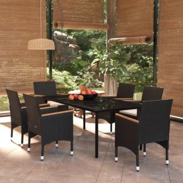 Set de masă pentru grădină, 7 piese, cu perne, negru